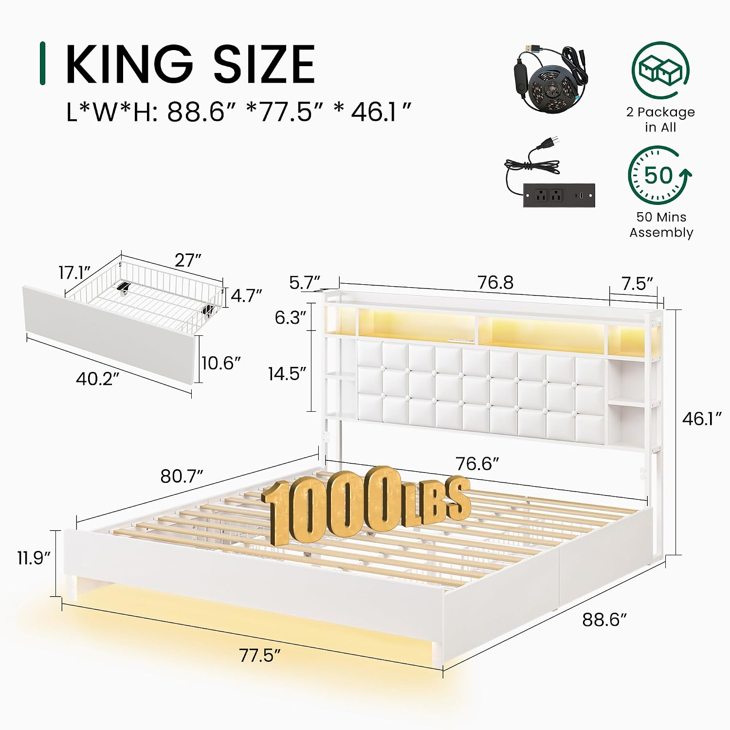 King Size Bed Frame With Storage Drawers - Struttura letto in legno, dimensioni king