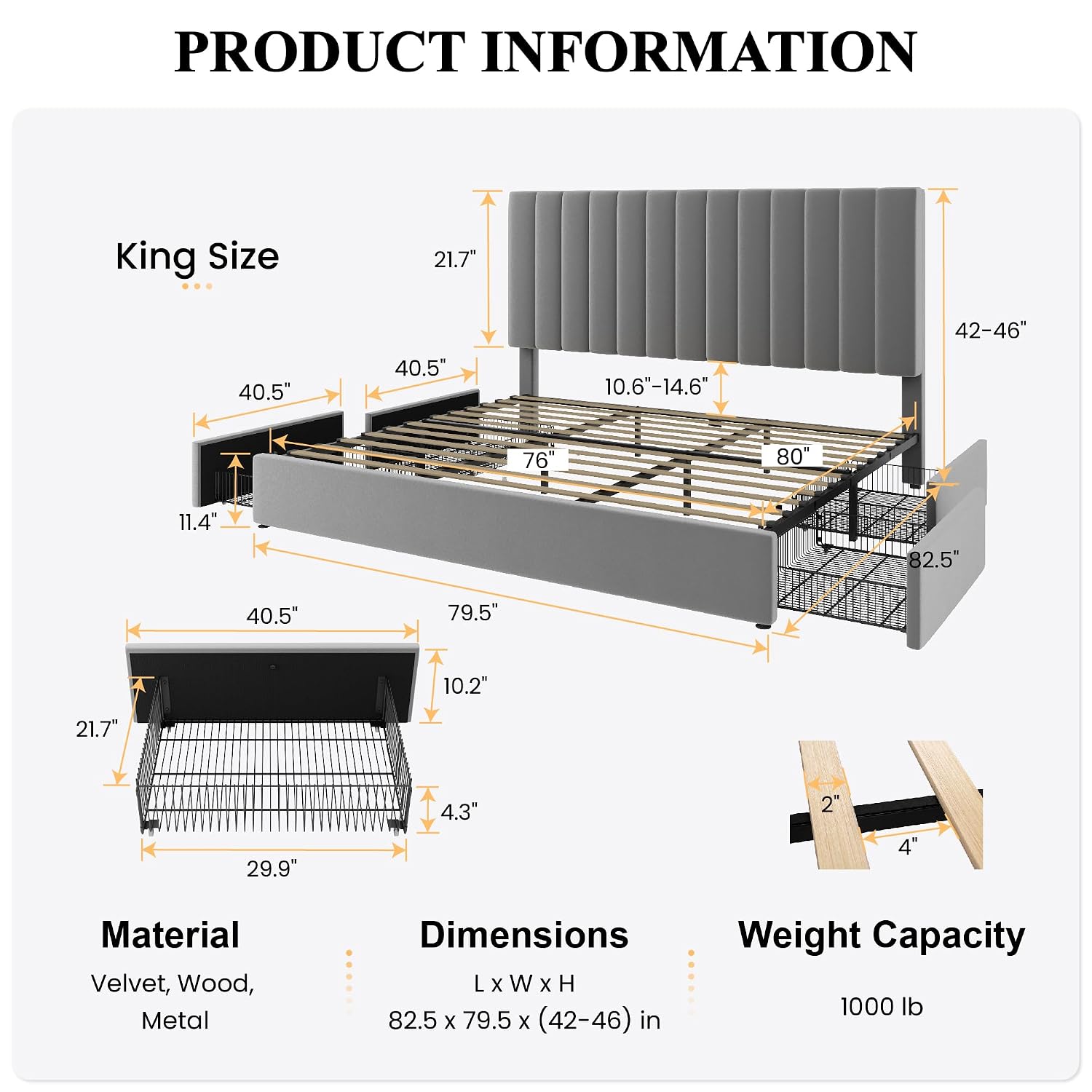 Struttura per letto matrimonia - King Size Bed Frame With Storage Drawers recensione e prezzo